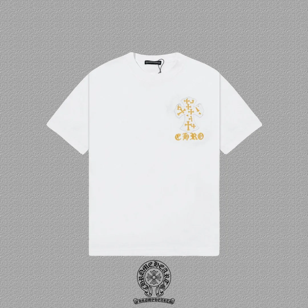 🅿️200 [CH Crow Heart] 2025FW short-sleeved T-shirt, patch embroidery, high-end 26s double yarn 300g fabric, heavy fabric, custom stretcher rib, same cylinder and dye, complete three standards, same style for men and women, color: black, white, size: S M L XL 2XL